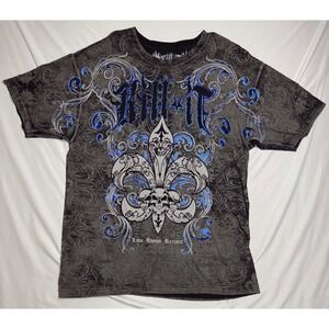 Affliction Kill It Y2K Blue And Gray Grunge Motorcycle T Shirt Mens Size Large